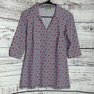 katherine Way Top Womens Size XS geo print 3/4 sleeve V Neck UPF 50+